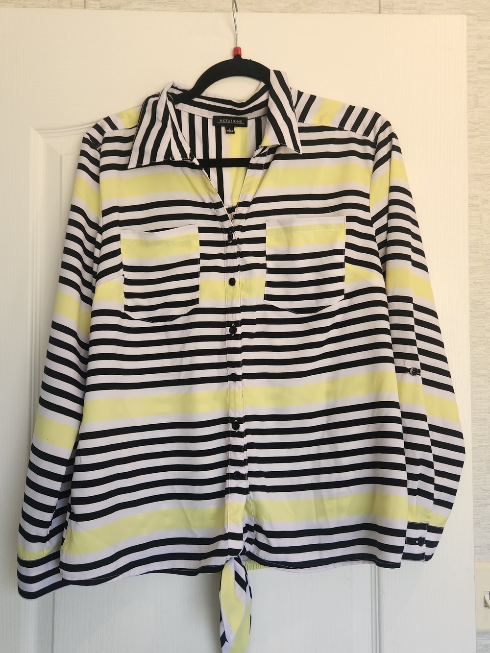 Notations Striped Button-Front Tie-Hem Blouse - Black, White & Yellow L Euc